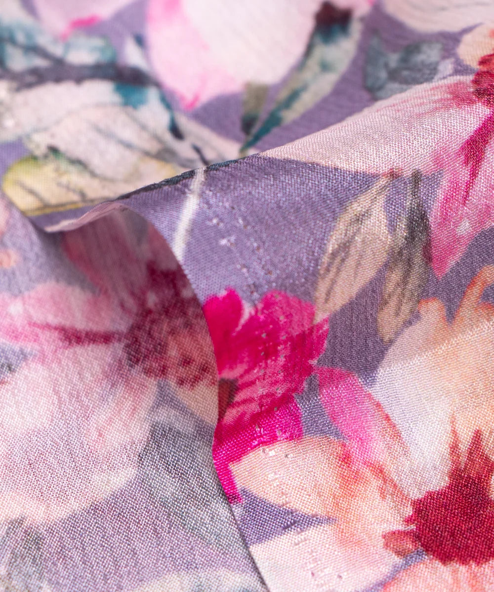 Grey Floral Digital Printed Chinon Silk Fabric