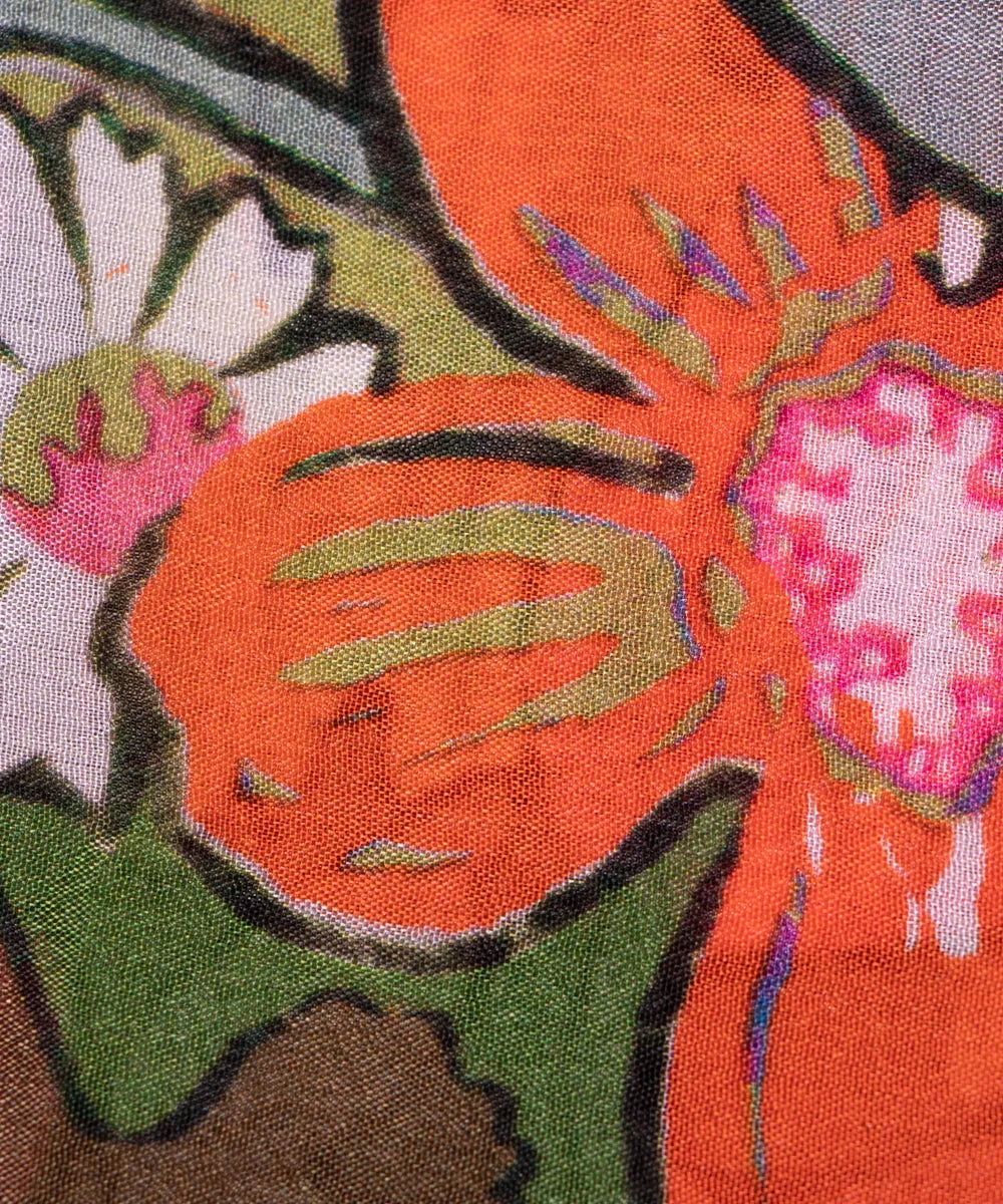 Mehandi Green Floral Digital Printed Chinon Silk Fabric
