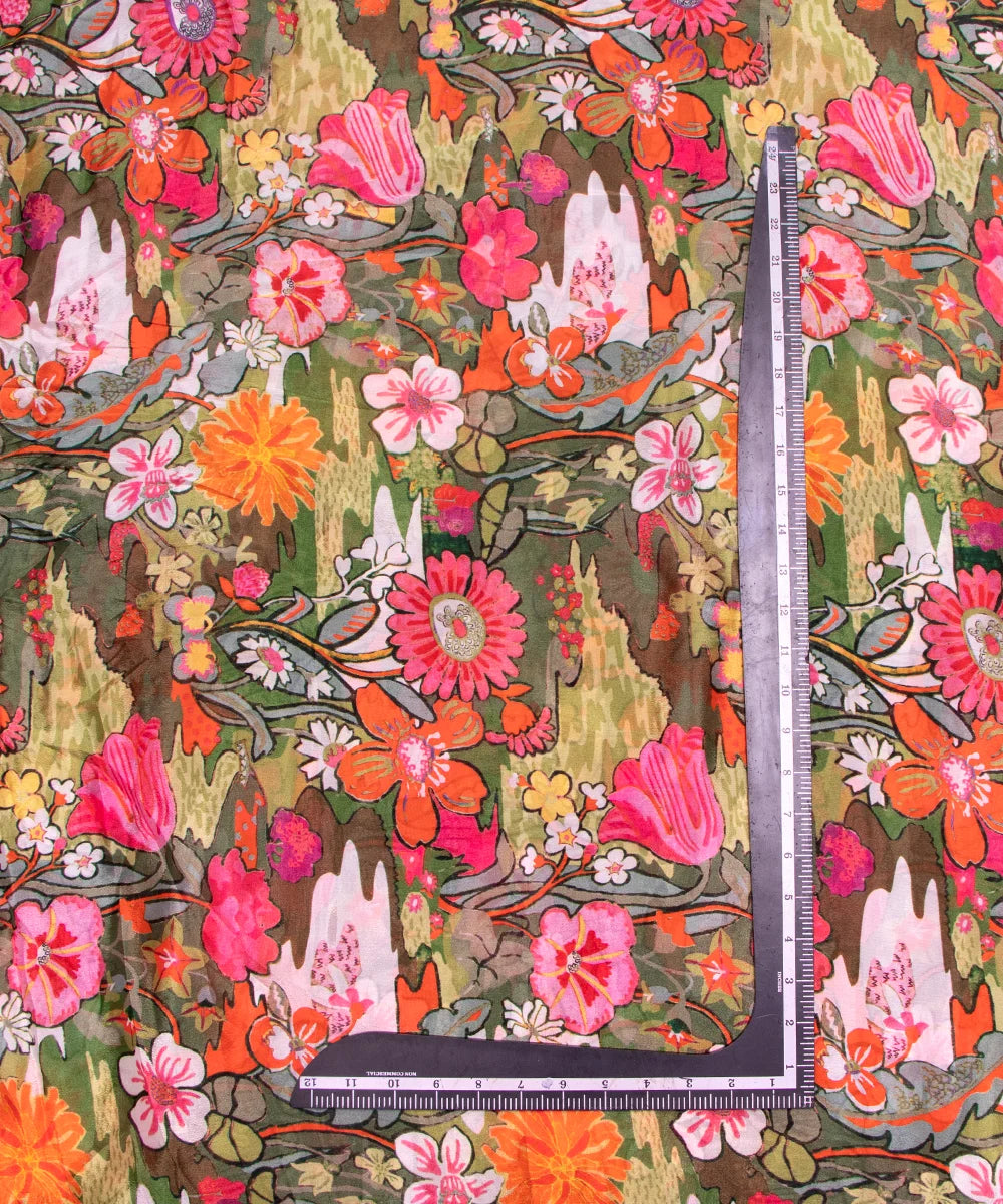 Mehandi Green Floral Digital Printed Chinon Silk Fabric