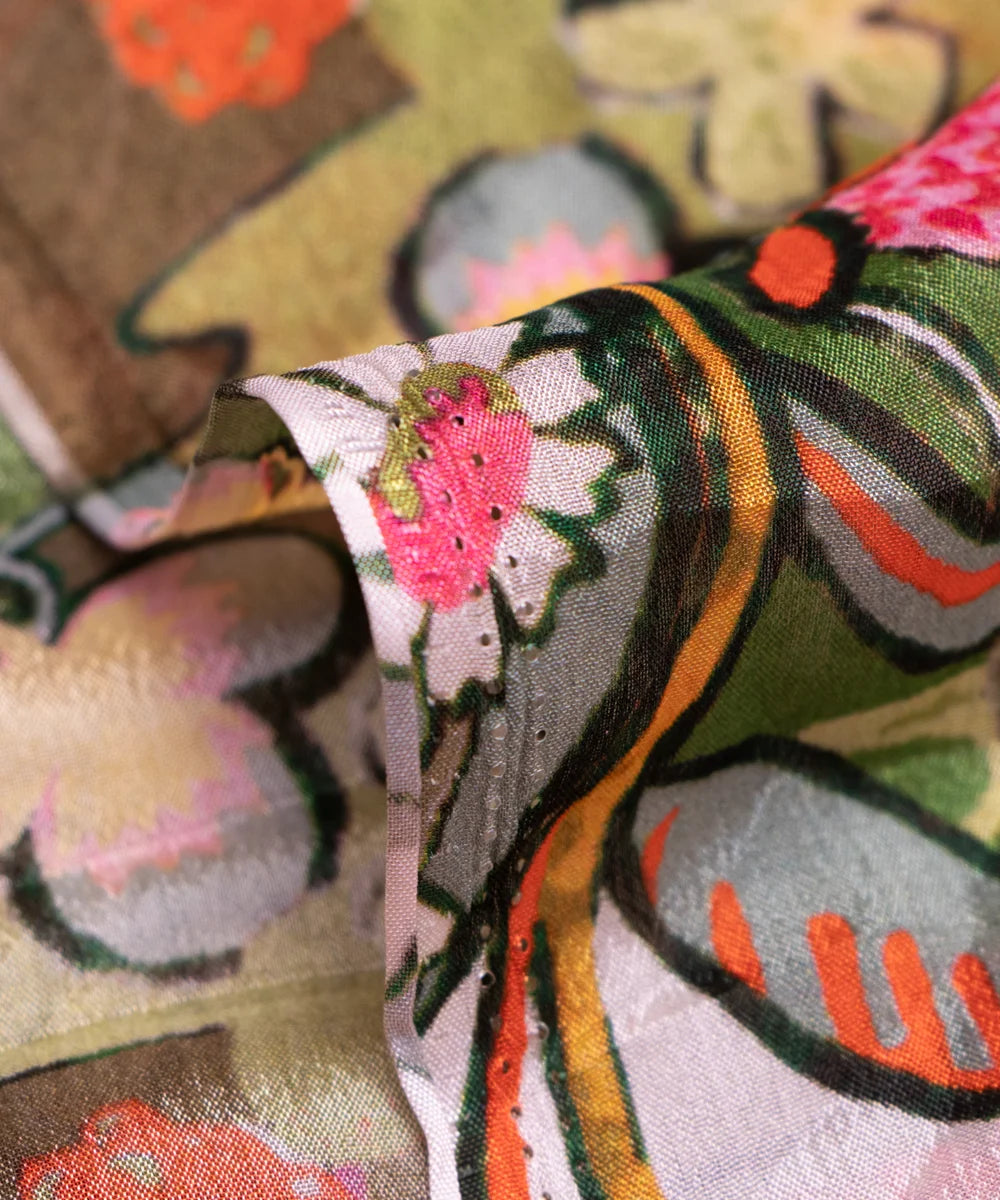 Mehandi Green Floral Digital Printed Chinon Silk Fabric