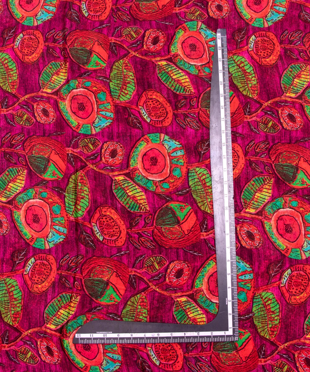 Magenta Leaf Digital Printed Chinon Silk Fabric