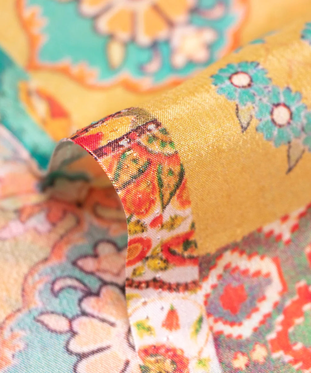 Light Yellow Position Print Digital Printed Chinon Silk Fabric