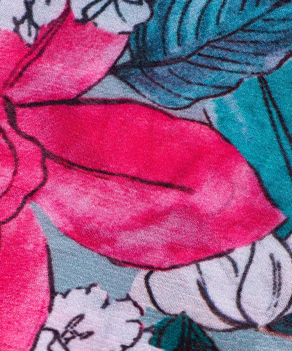 Light Blue Floral Digital Printed Chinon Silk Fabric