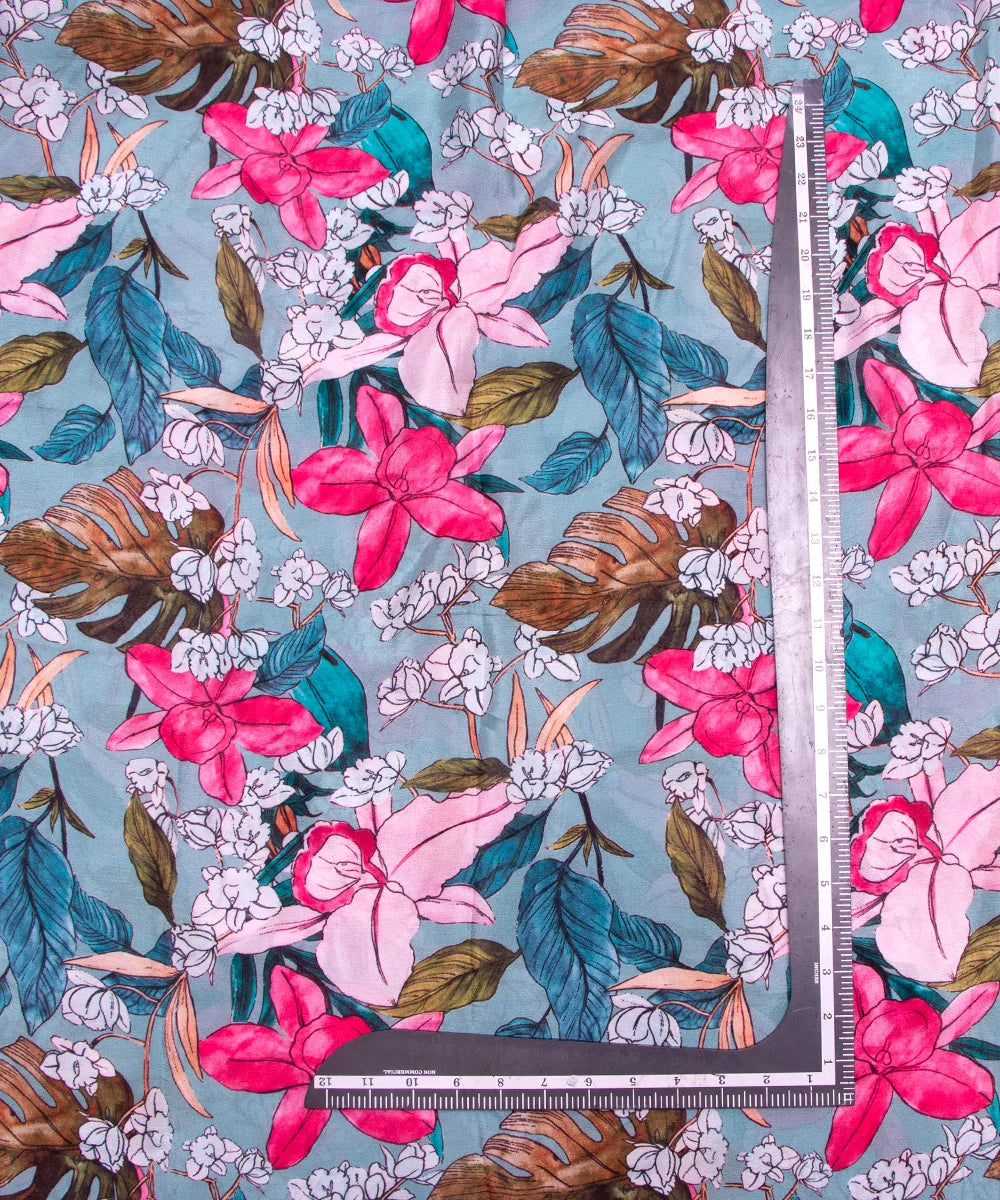 Light Blue Floral Digital Printed Chinon Silk Fabric
