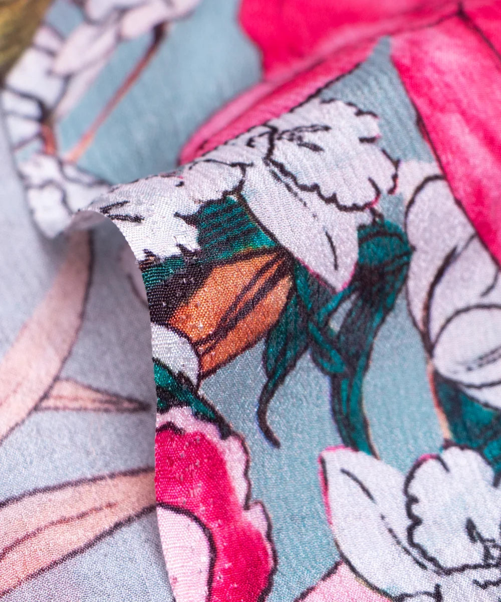 Light Blue Floral Digital Printed Chinon Silk Fabric
