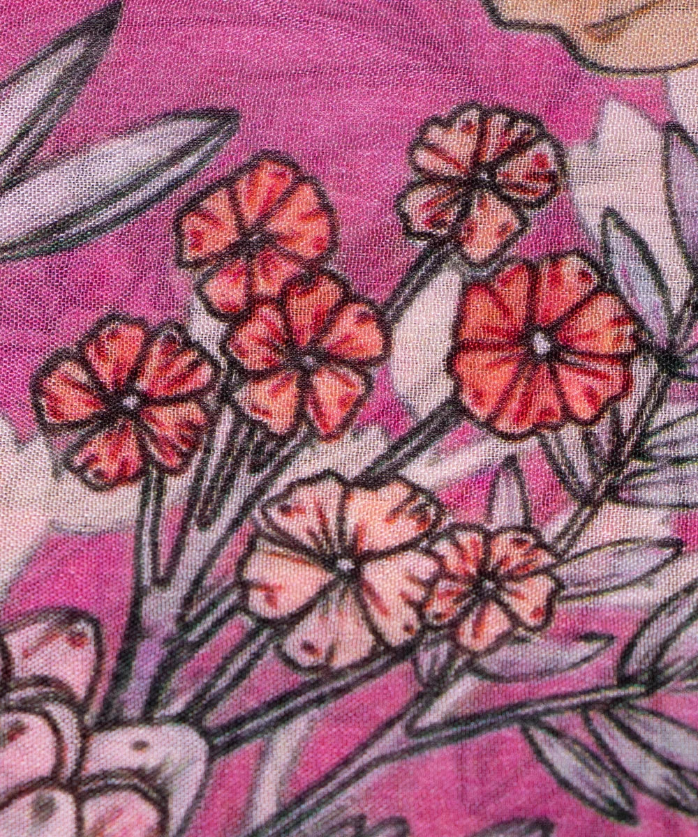 Gajari Pink Floral Digital Printed Chinon Silk Fabric