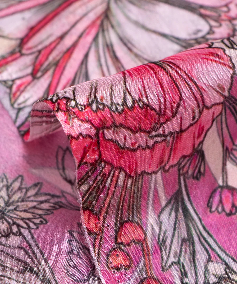 Gajari Pink Floral Digital Printed Chinon Silk Fabric