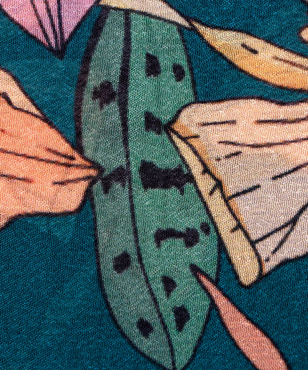 Peacock Green Floral Digital Printed Chinon Silk Fabric