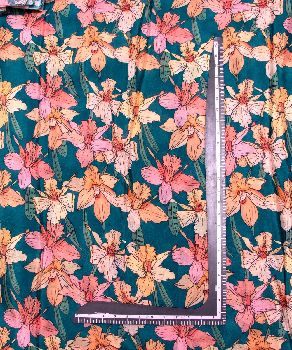 Peacock Green Floral Digital Printed Chinon Silk Fabric