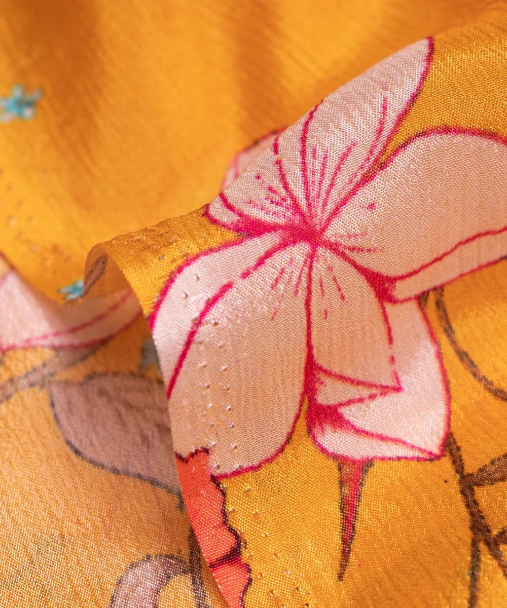 Yellow Floral Digital Printed Chinon Silk Fabric