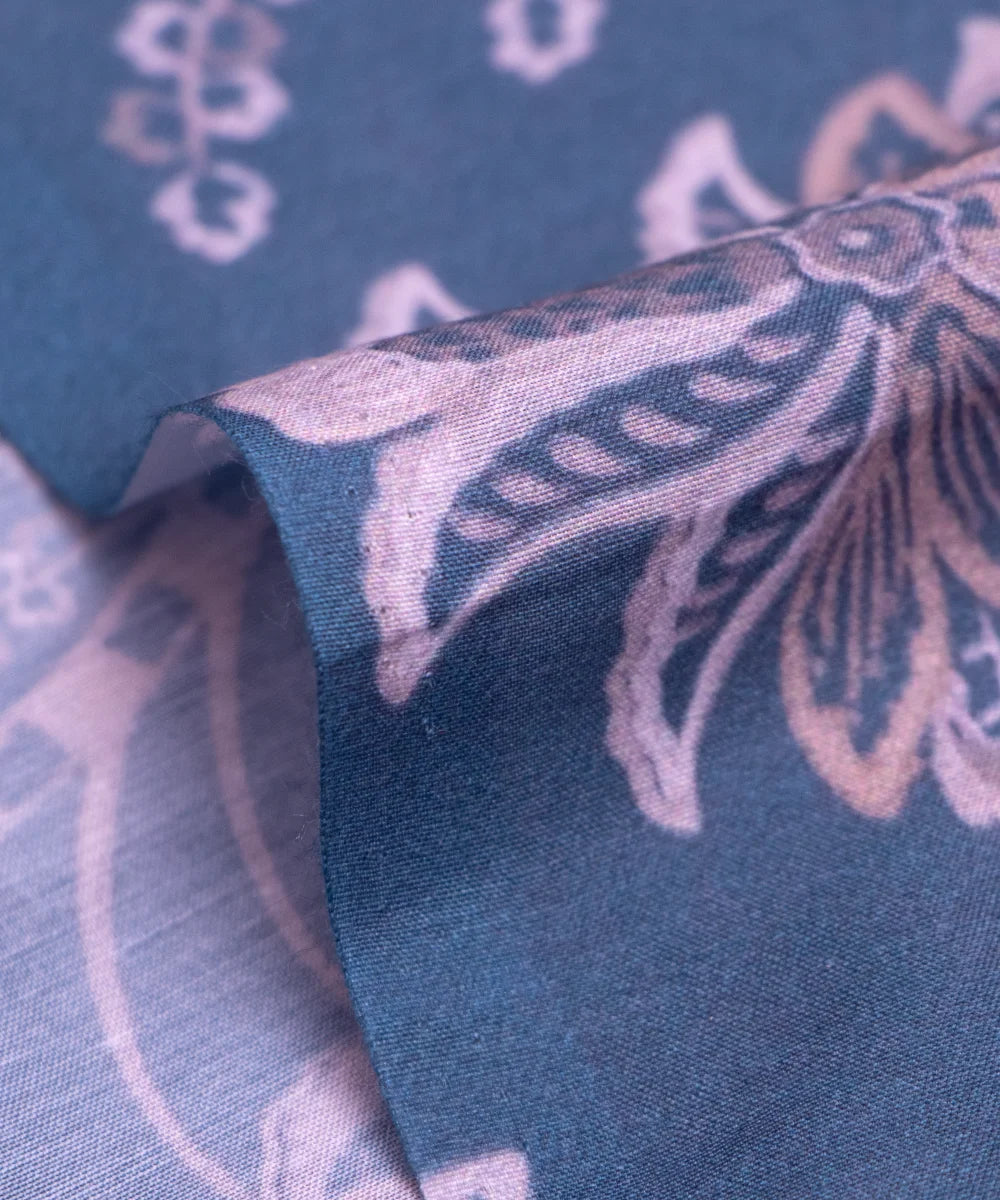 Light Teal Floral Digital Print Muslin Fabric