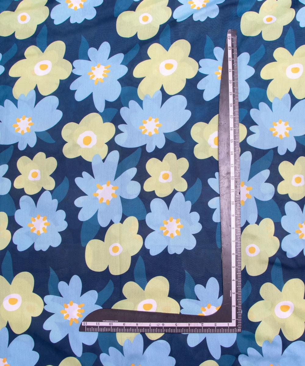 Dark Blue Floral Digital Print Muslin Fabric