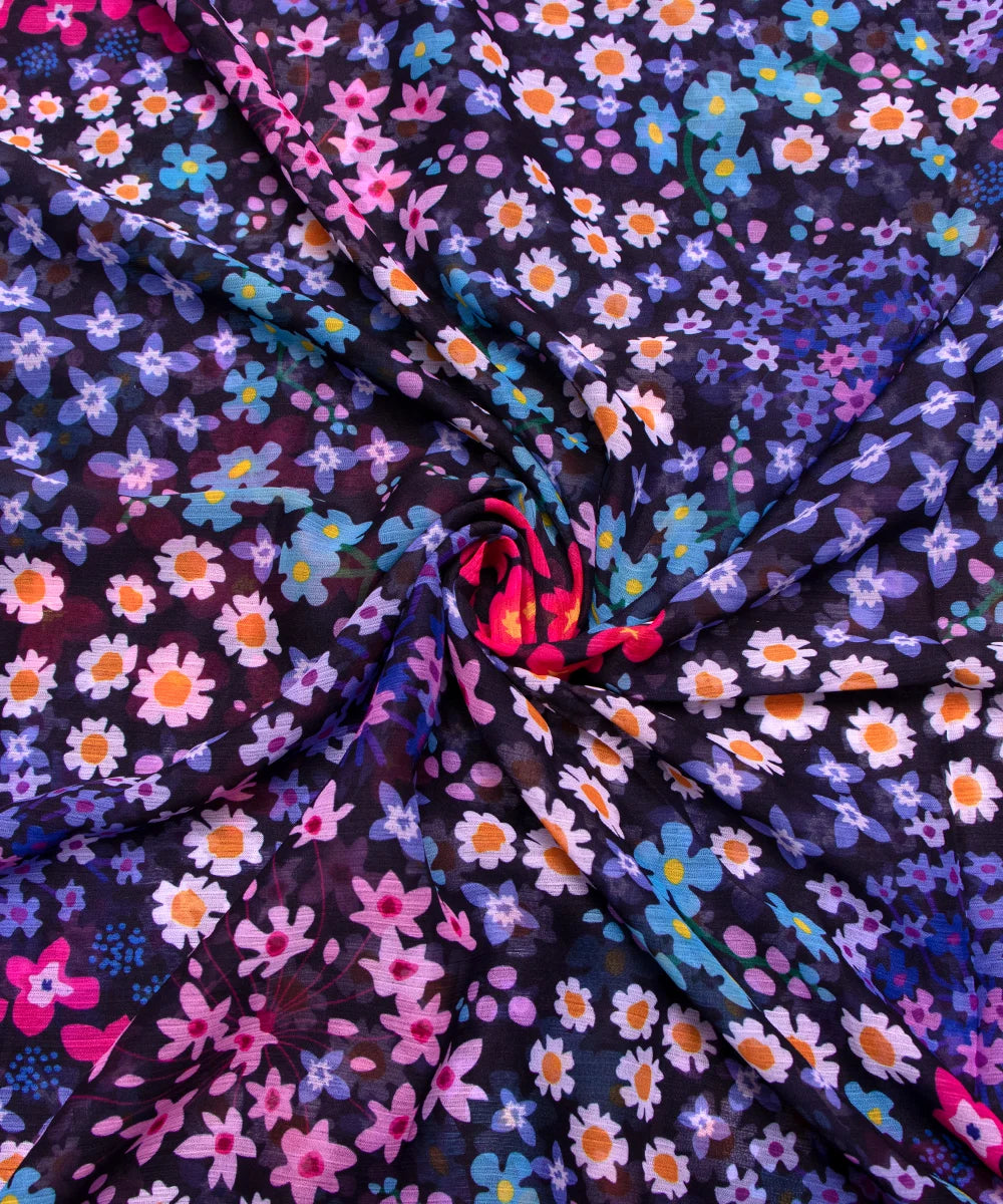 Dark Blue Floral Digital Printed Chiffon Fabric
