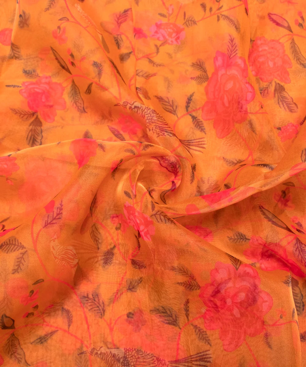Golden Floral Printed Organza Fabric