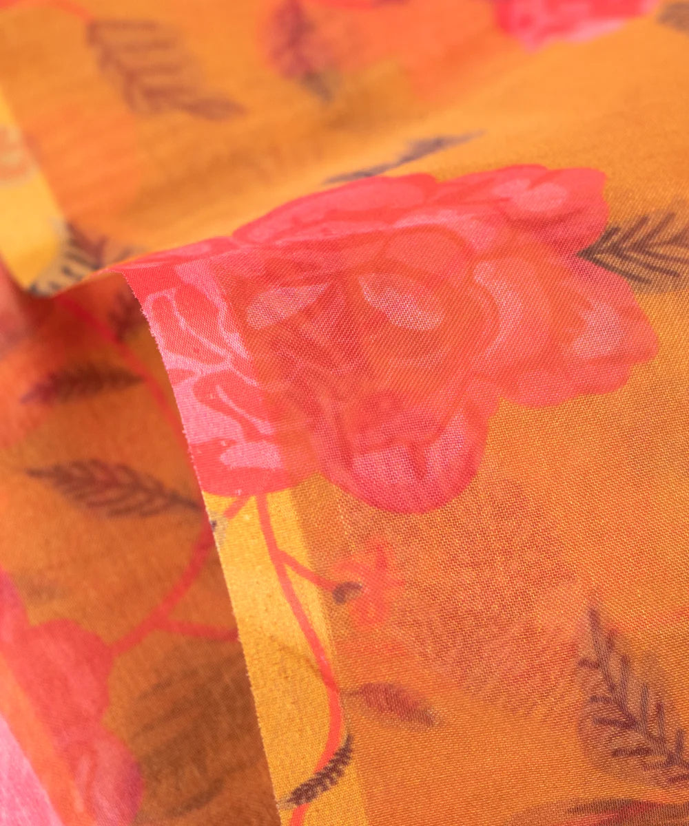Golden Floral Printed Organza Fabric