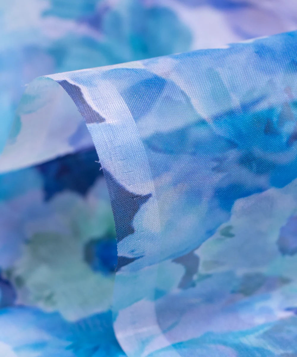 Light Blue Floral Printed Organza Fabric