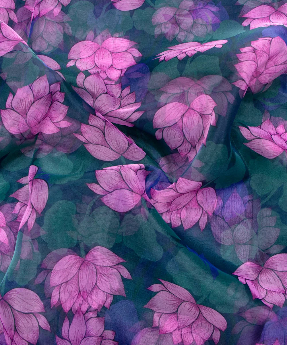 Green Floral Printed Organza Fabric
