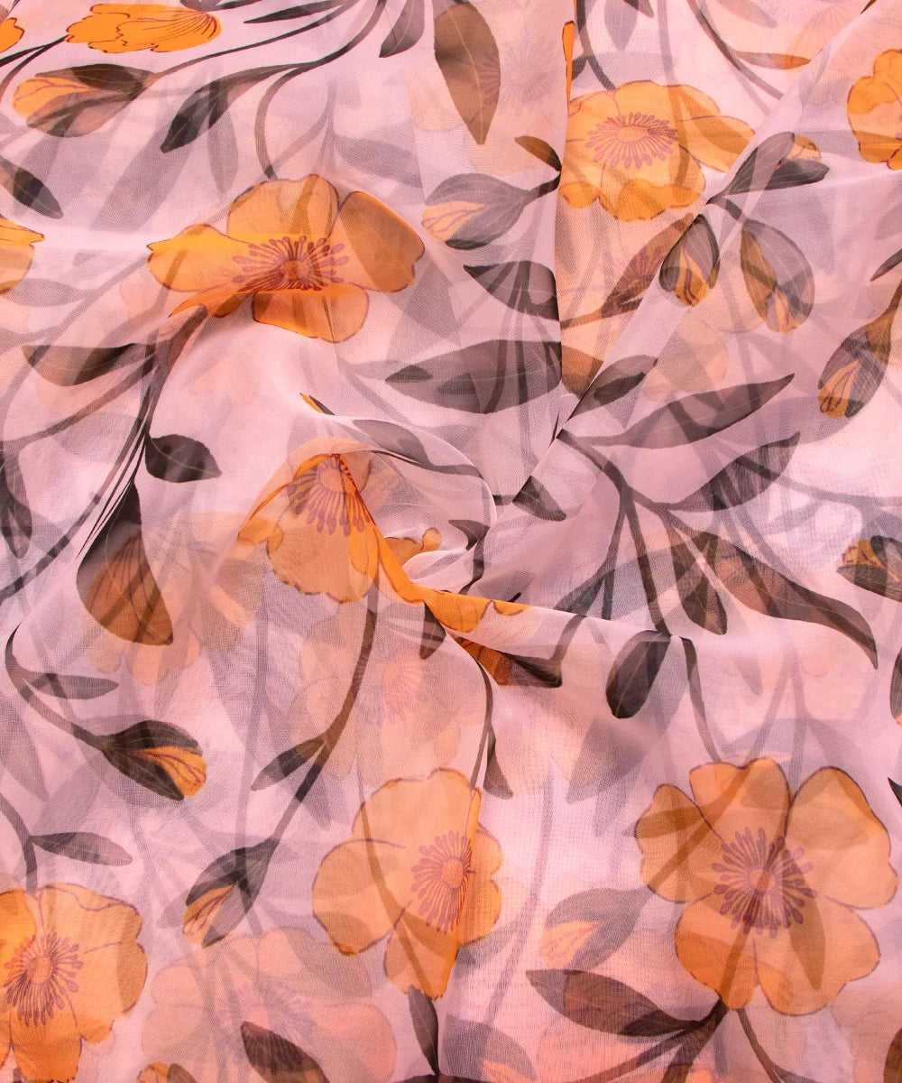 Off White Floral Printed Organza Fabric