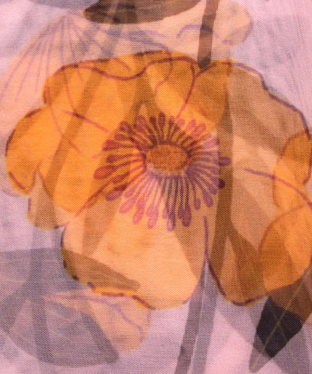Off White Floral Printed Organza Fabric
