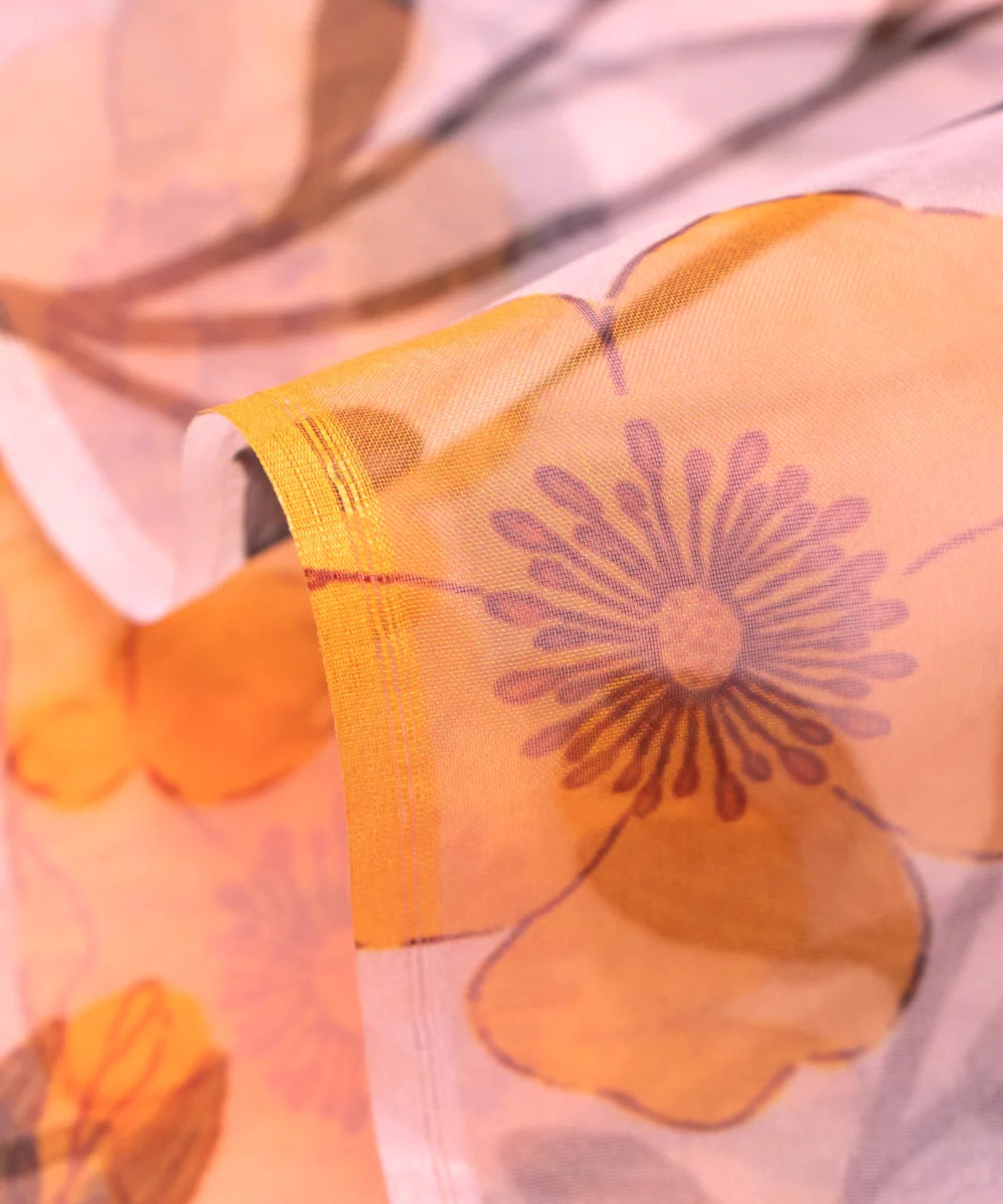 Off White Floral Printed Organza Fabric
