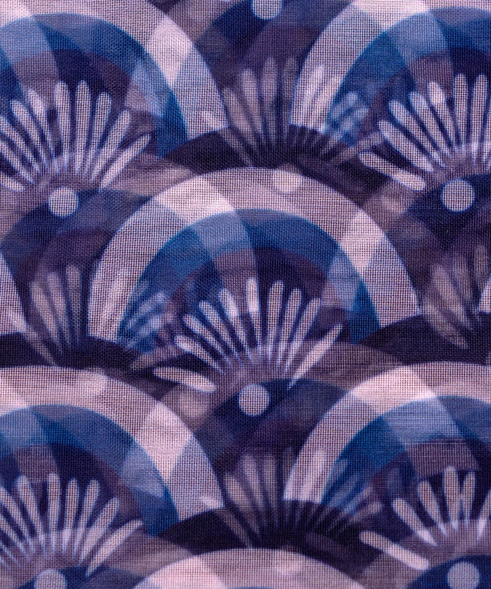 Indigo Blue Floral Printed Organza Fabric