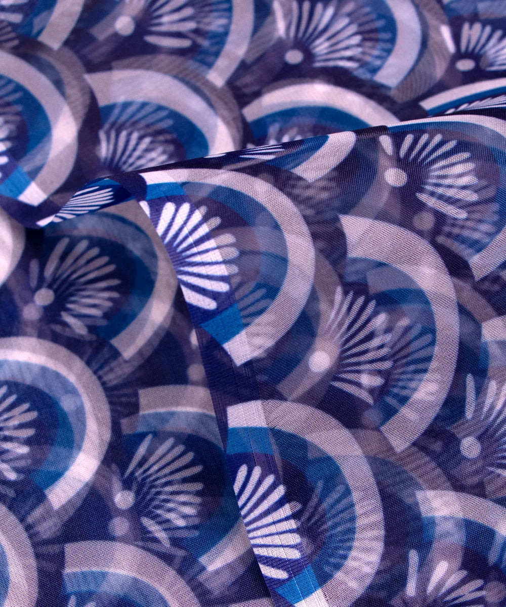 Indigo Blue Floral Printed Organza Fabric