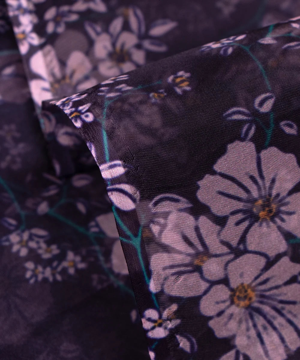 Black Floral Printed Organza Fabric