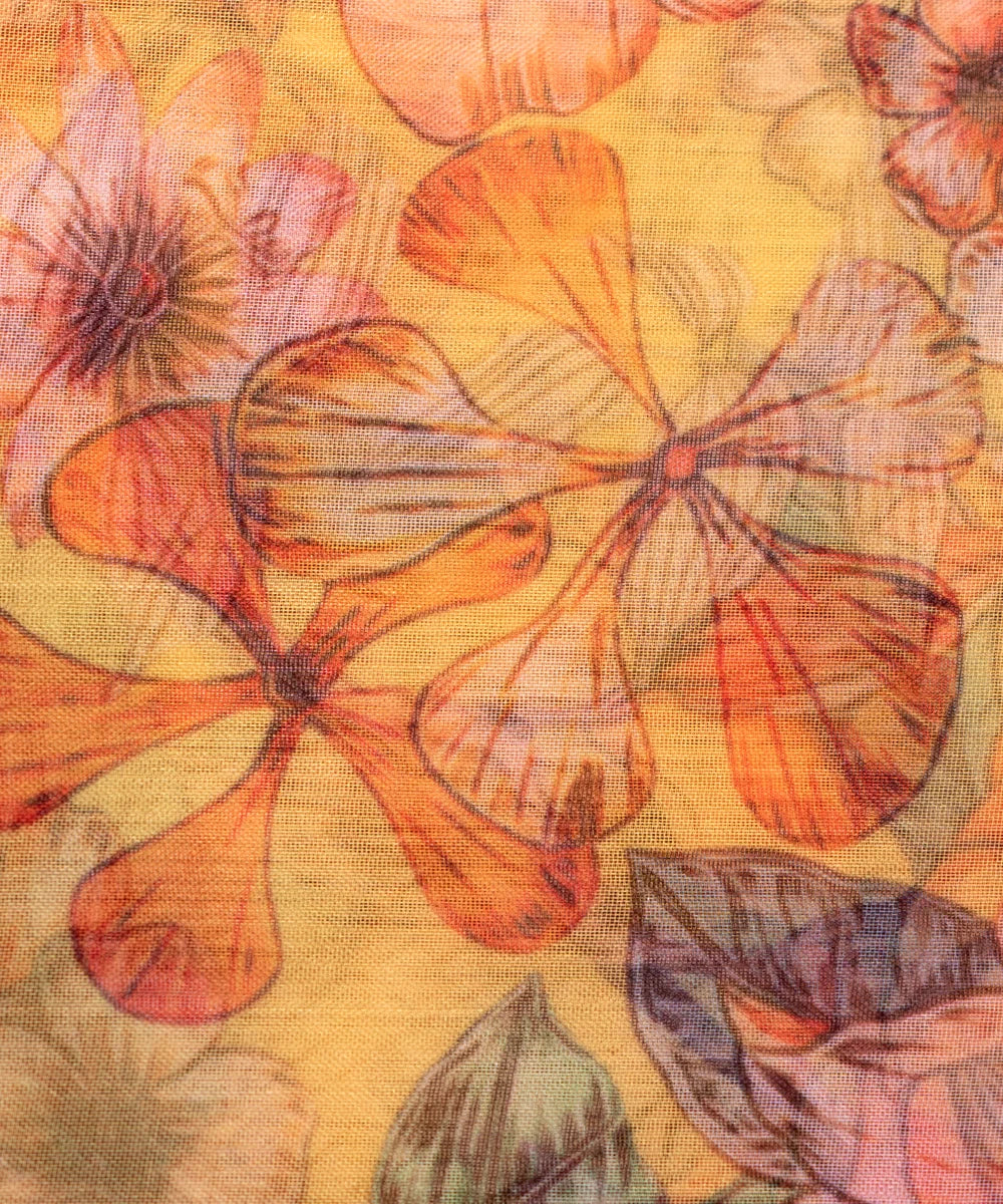 Yellow Floral Printed Organza Fabric