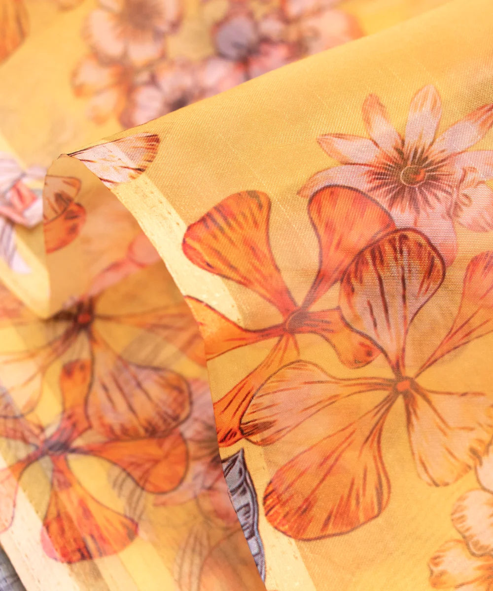 Yellow Floral Printed Organza Fabric