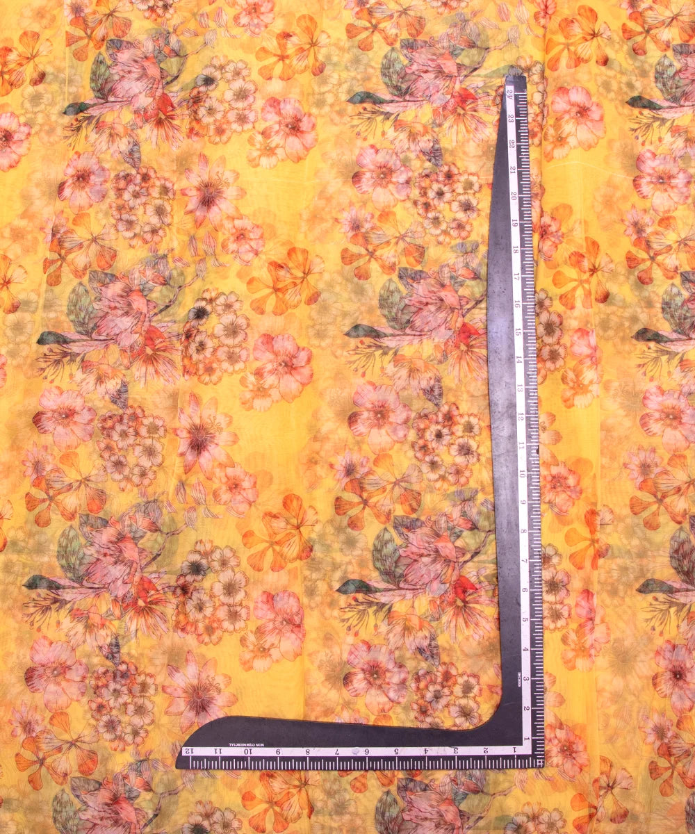 Yellow Floral Printed Organza Fabric