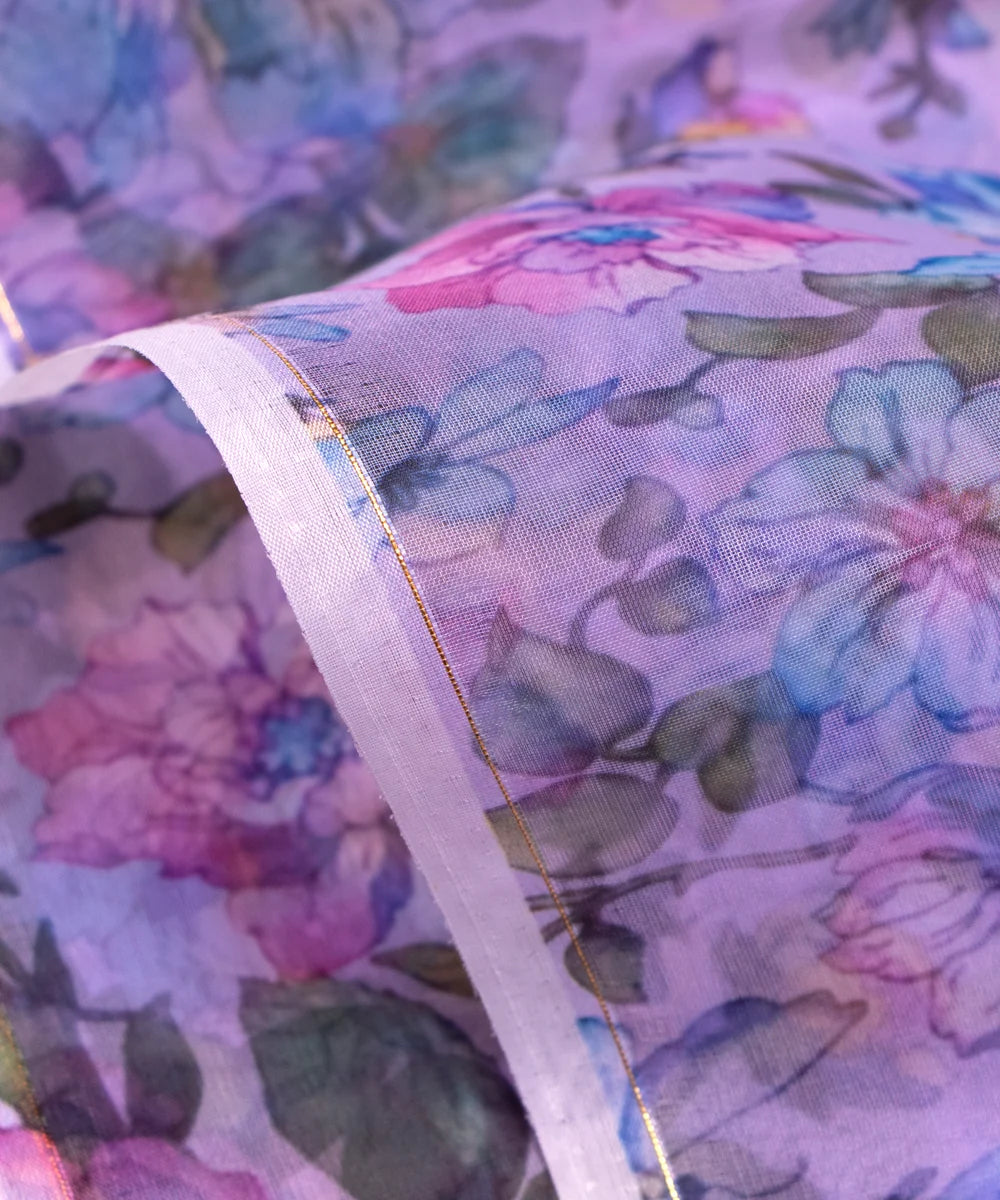 Light Blue Floral Printed Organza Fabric