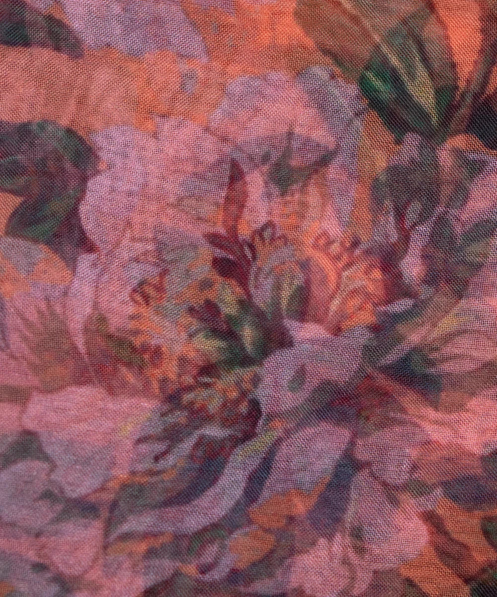 Smoke Grey Floral Printed Organza Fabric