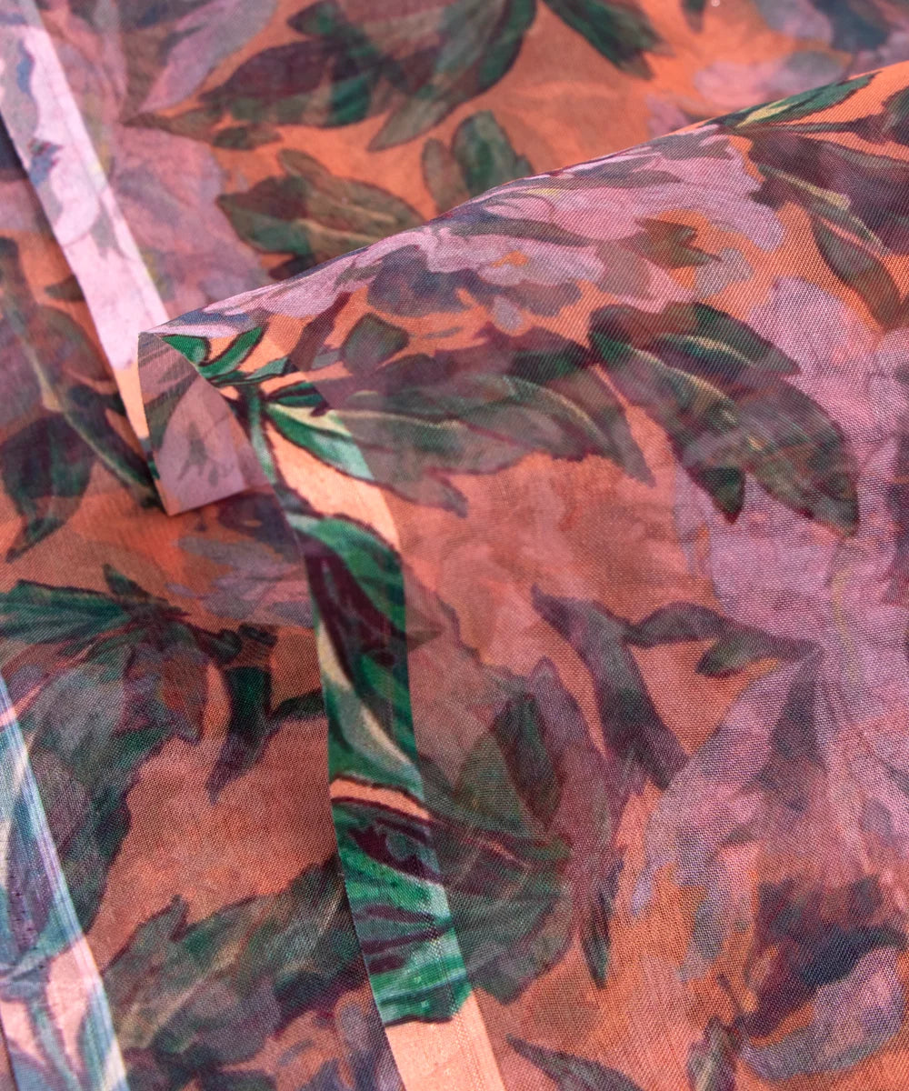 Smoke Grey Floral Printed Organza Fabric