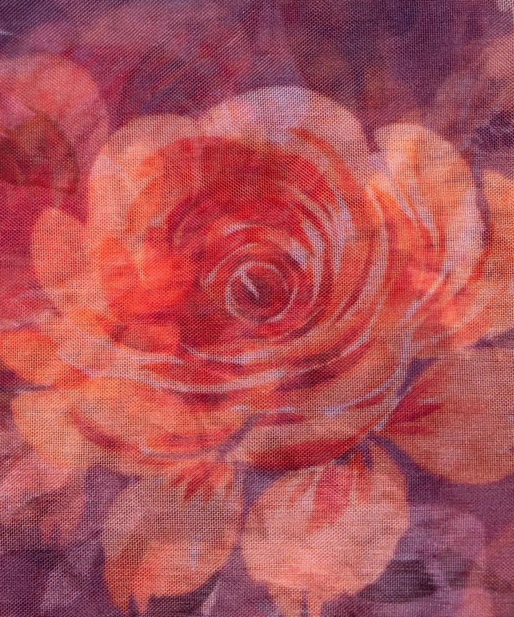 Grey Floral Printed Organza Fabric