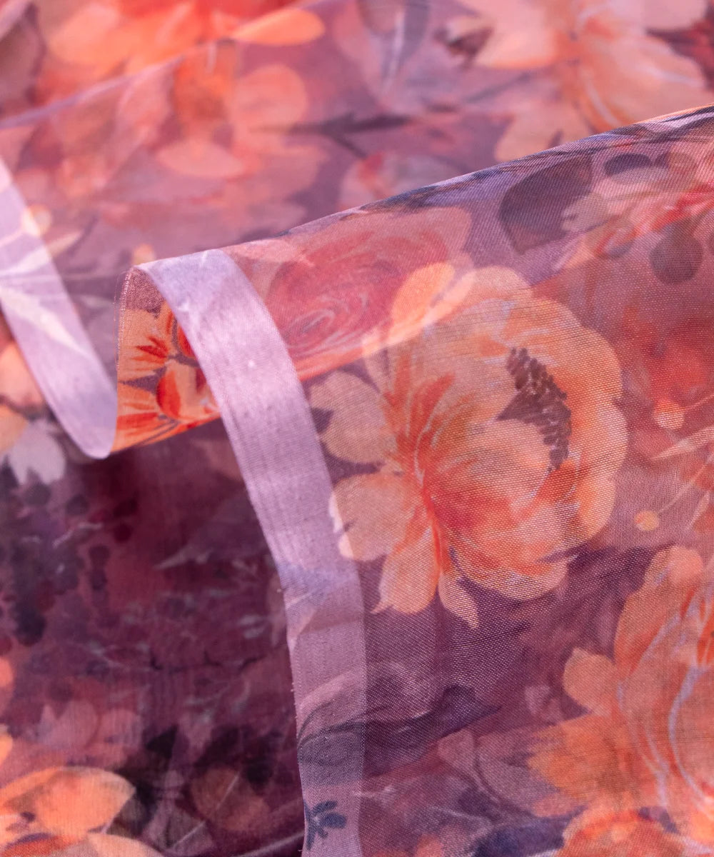Grey Floral Printed Organza Fabric