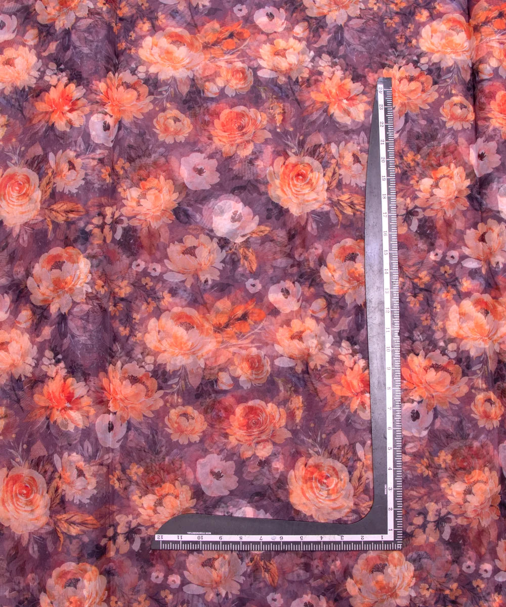 Grey Floral Printed Organza Fabric