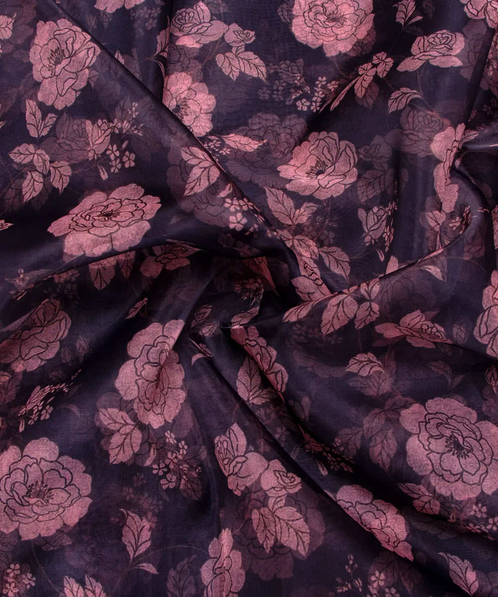 Black Floral Printed Organza Fabric