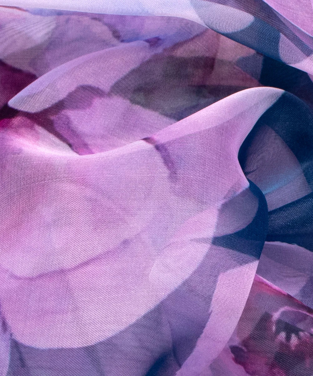 Teal Blue Pink Floral Printed Organza Fabric
