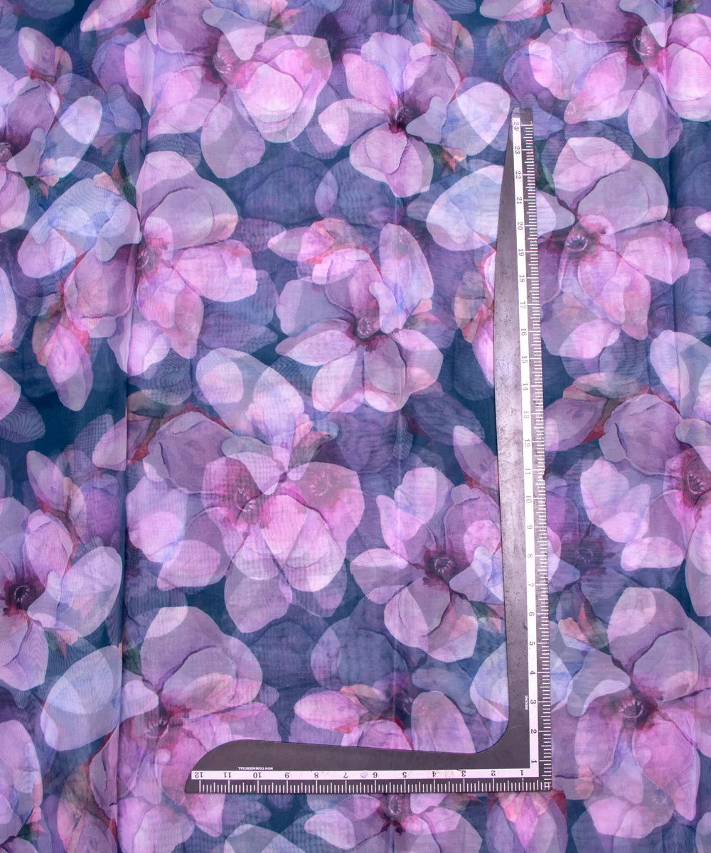 Teal Blue Pink Floral Printed Organza Fabric