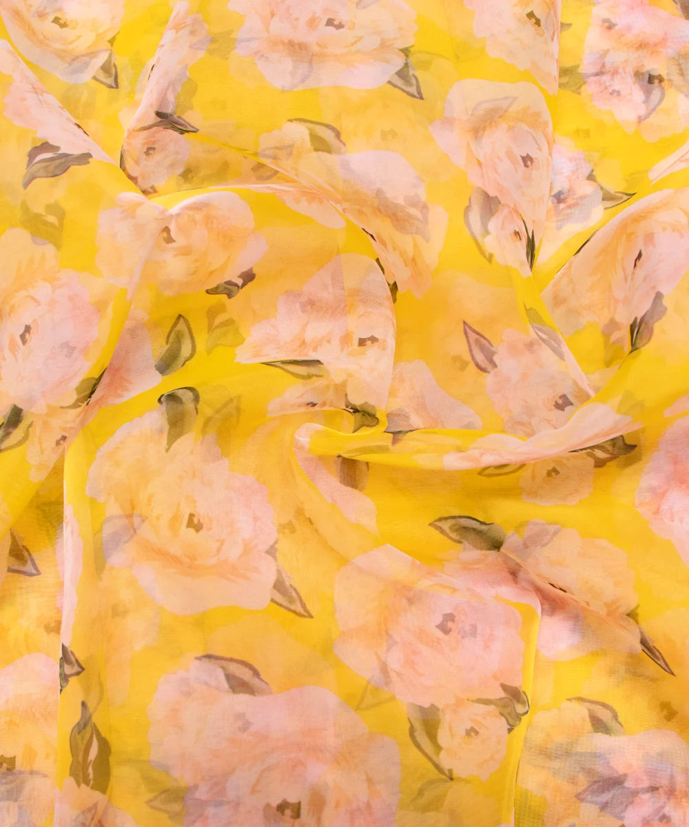Yellow Floral Printed Organza Fabric