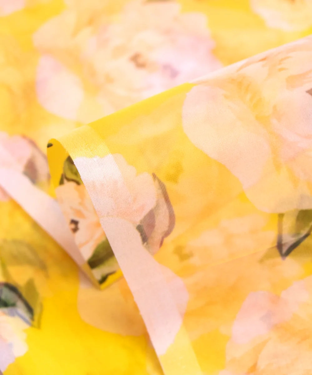 Yellow Floral Printed Organza Fabric