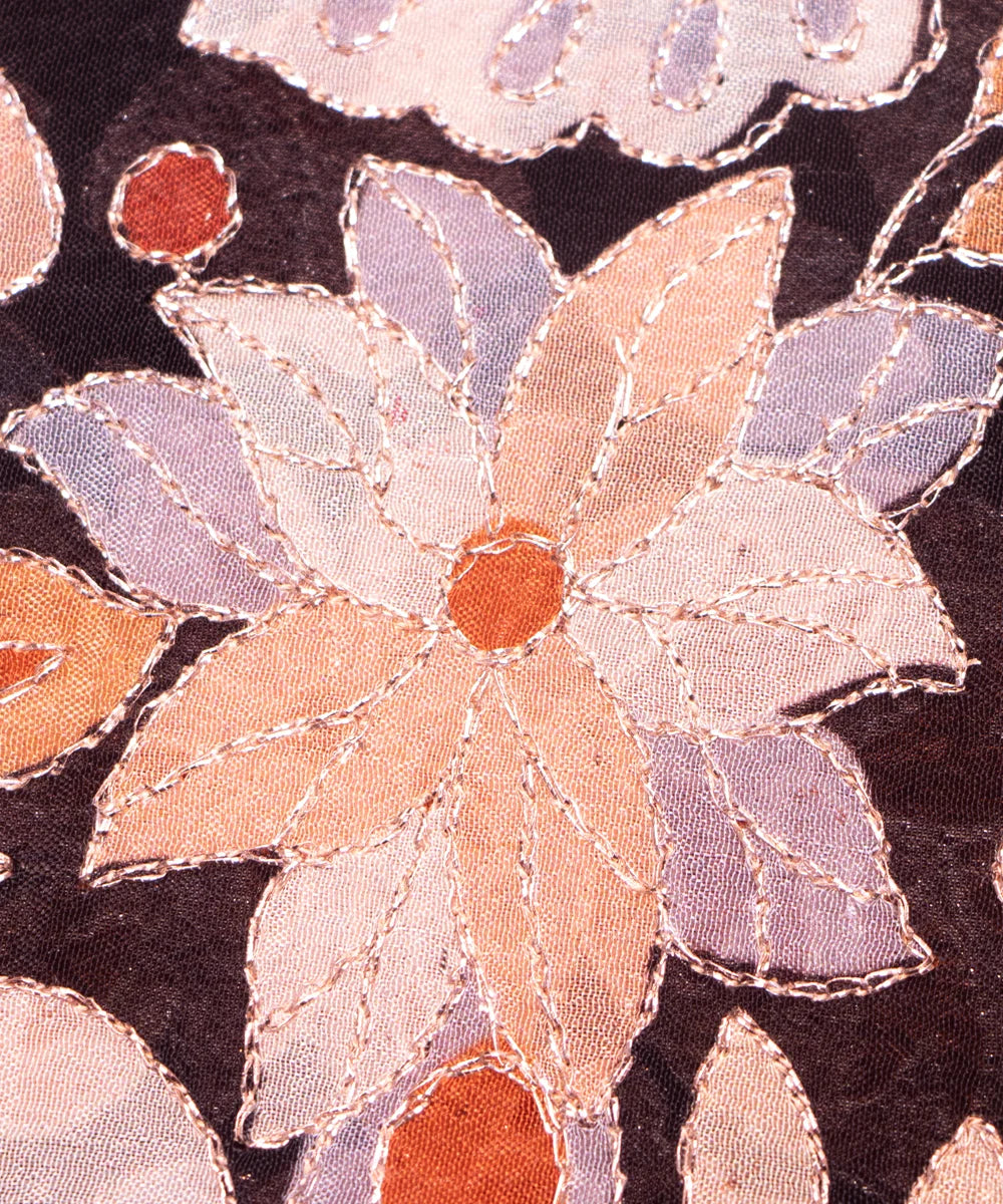 Black Embroidery Pure Viscose Silk Chinon Fabric