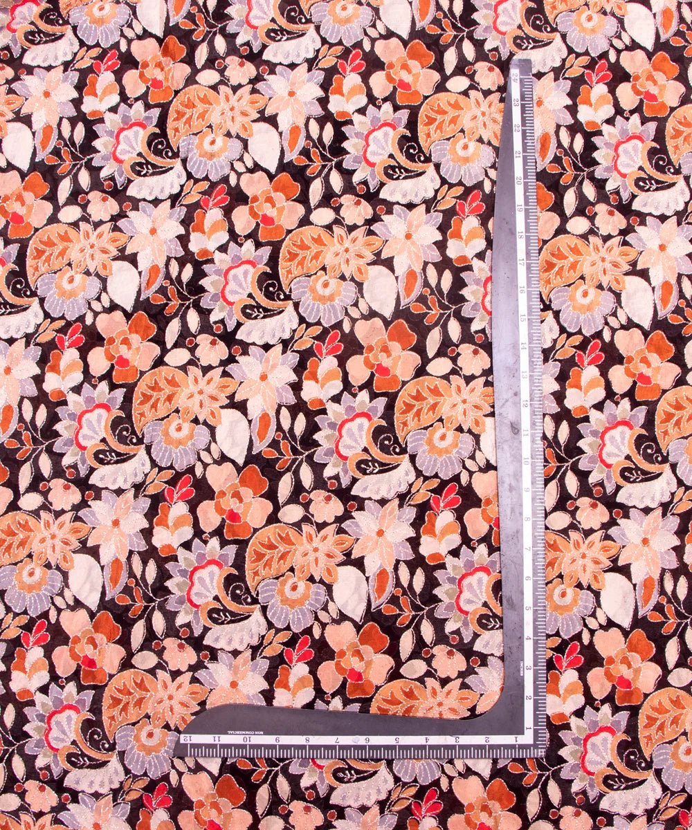 Black Embroidery Pure Viscose Silk Chinon Fabric