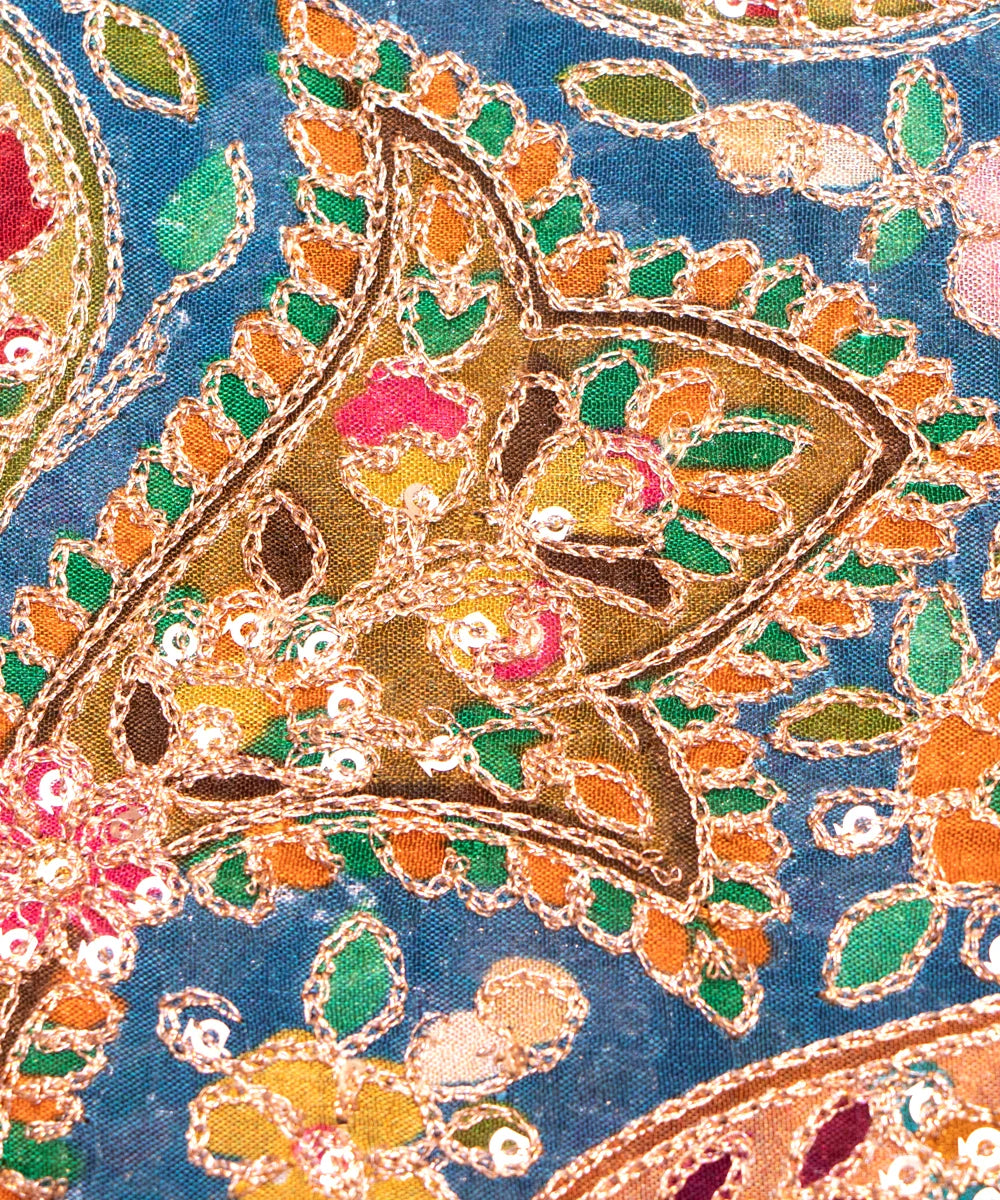 Light Teal Blue Embroidery Pure Viscose Silk Chinon Fabric