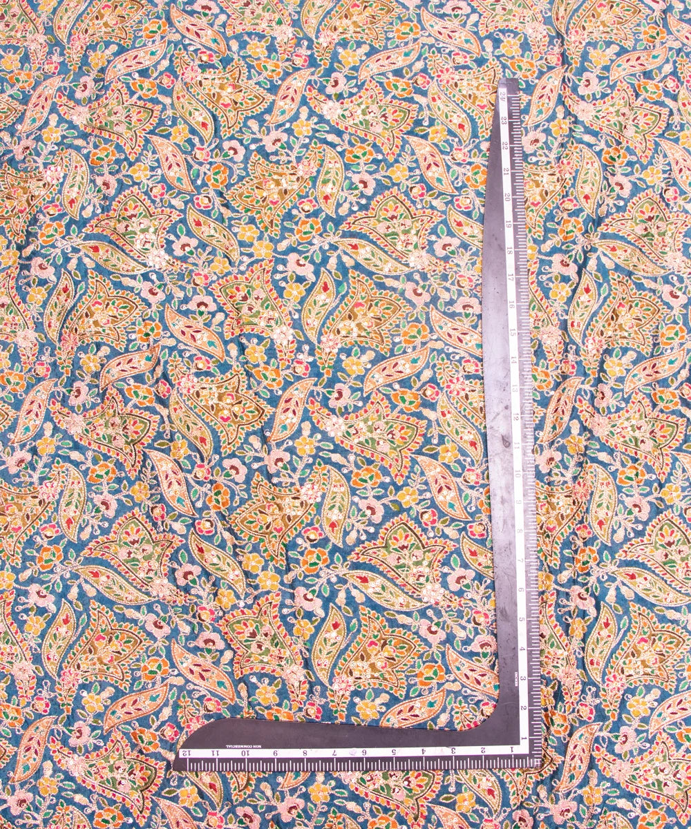 Light Teal Blue Embroidery Pure Viscose Silk Chinon Fabric