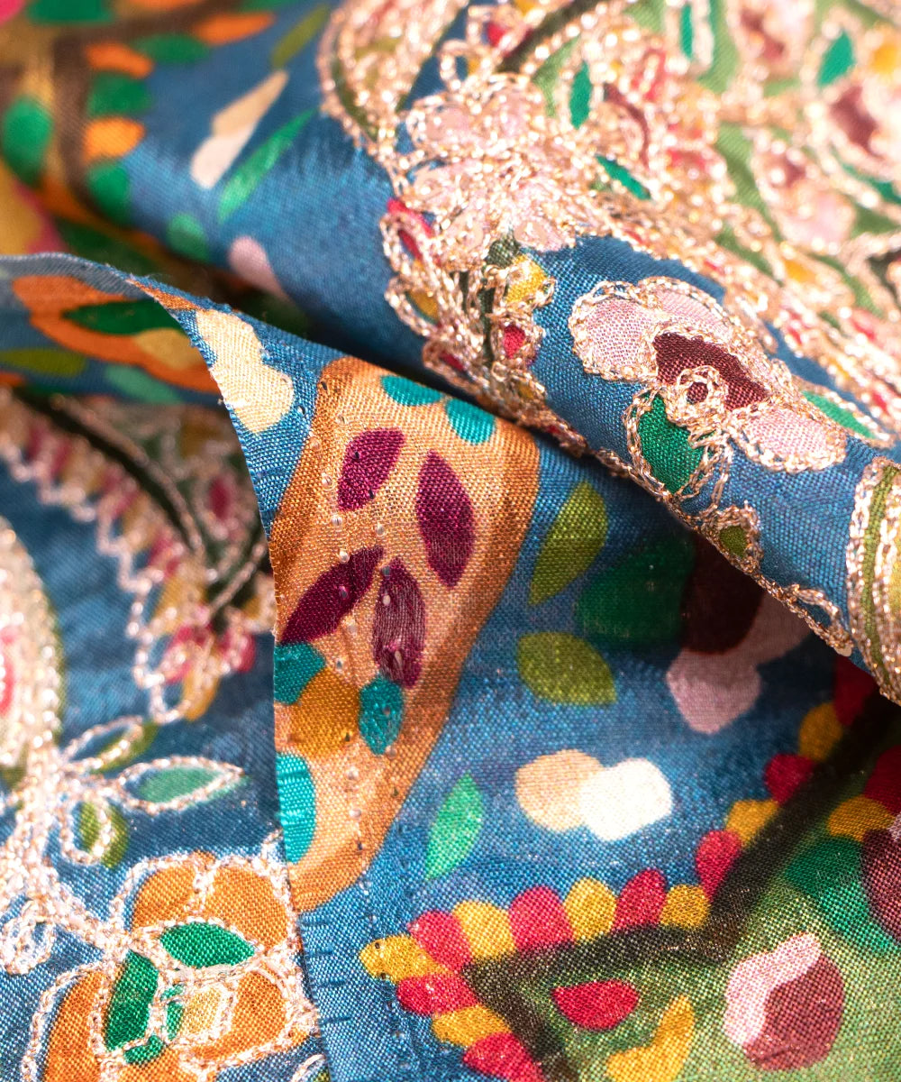 Light Teal Blue Embroidery Pure Viscose Silk Chinon Fabric