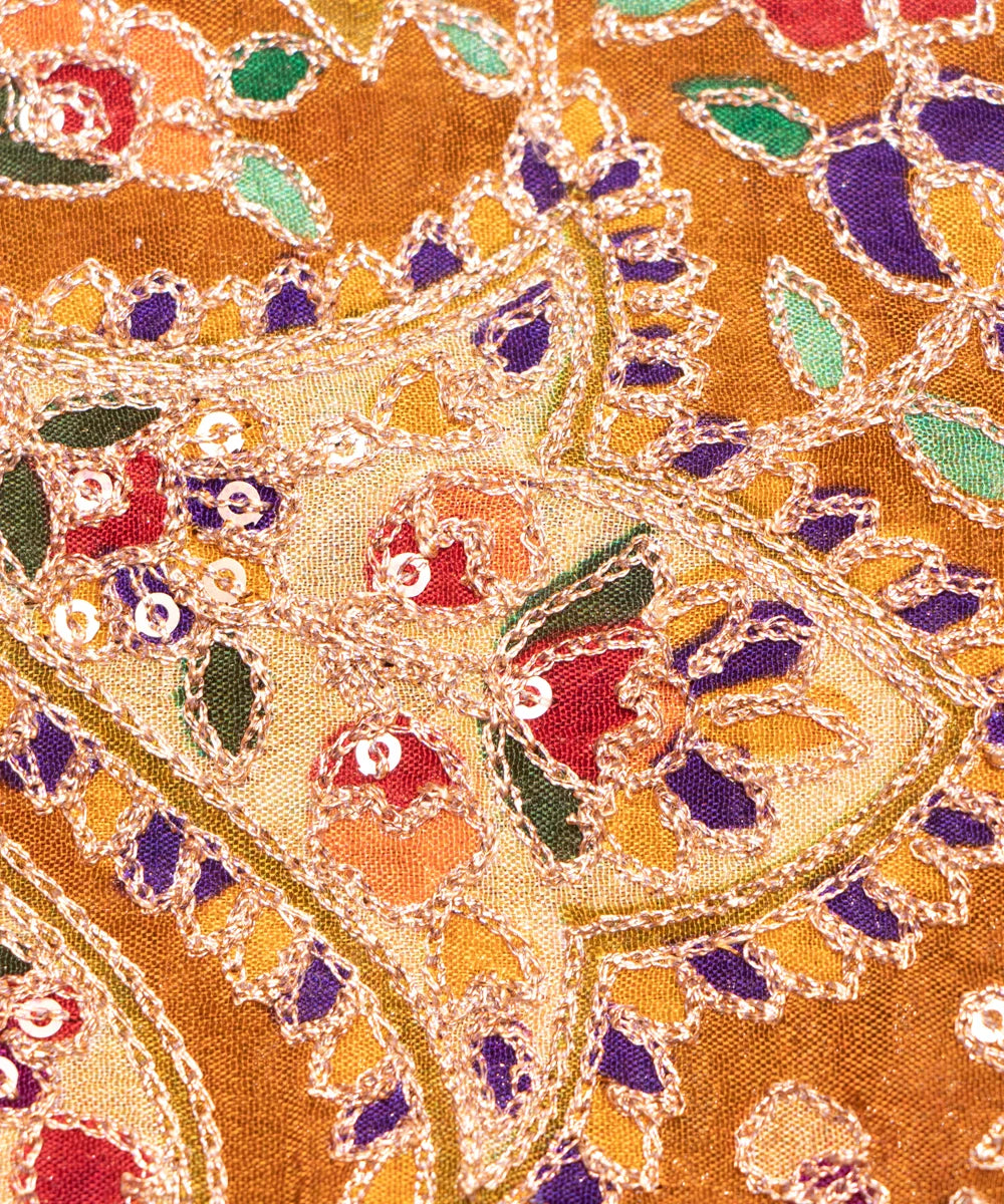 Golden Brown Embroidery Pure Viscose Silk Chinon Fabric