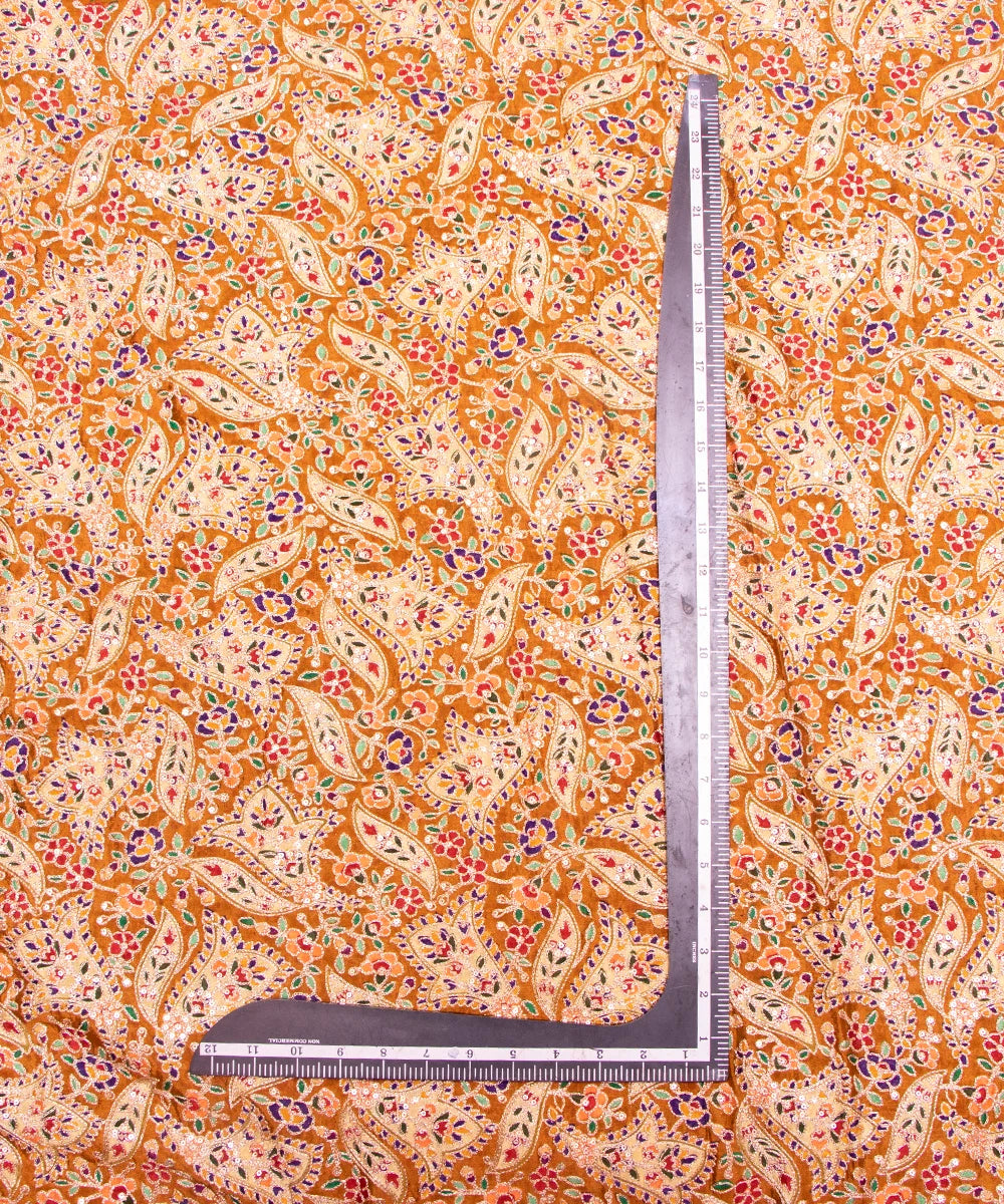 Golden Brown Embroidery Pure Viscose Silk Chinon Fabric