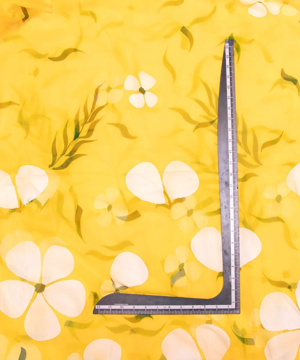 Bright Yellow Floral Hand Paint Georgette Fabric