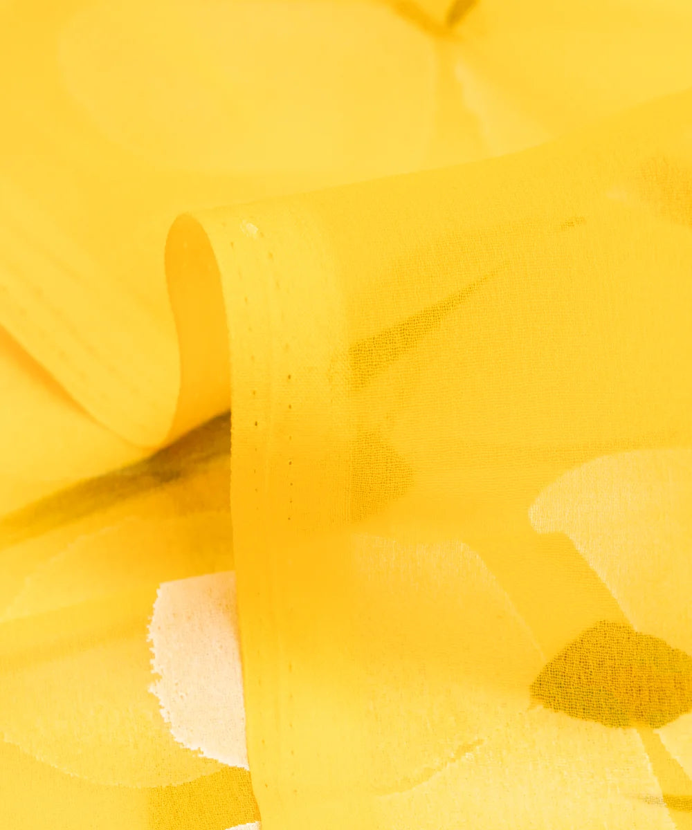 Bright Yellow Floral Hand Paint Georgette Fabric